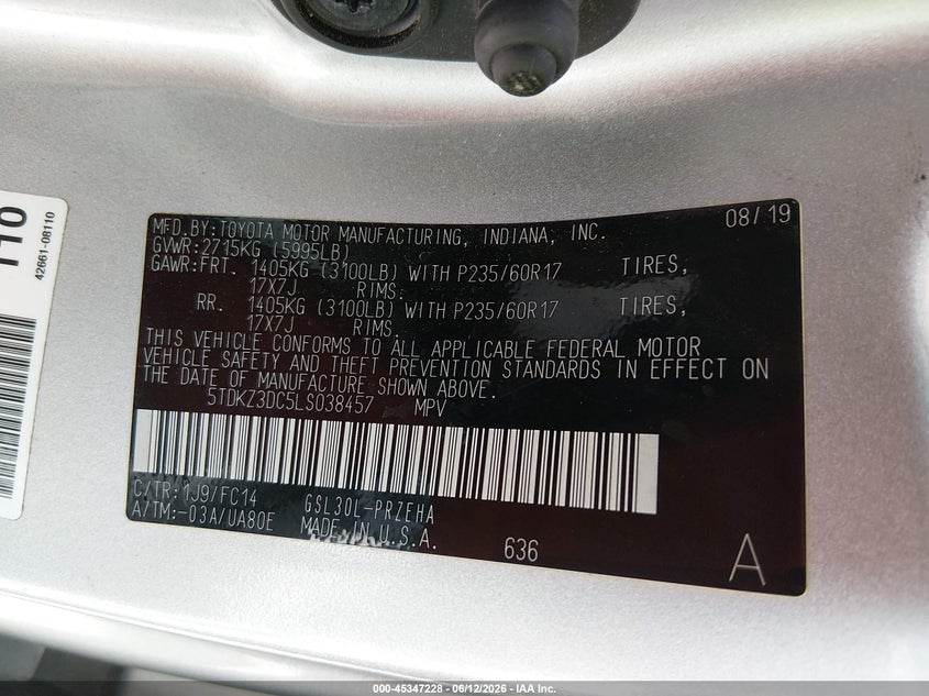 2020 Toyota Sienna VIN 5TDKZ3DC5LS038457 IAAI salvage auction — LEFT FRONT, Salvage (Alabama), sold $4,925 on 2026-07-23 (photo 9)