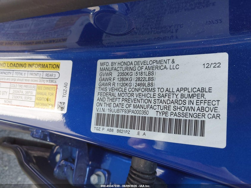 2023 Acura Tlx VIN 19UUB7F93PA000350 IAAI salvage auction — LEFT & RIGHT, Salvage Title, sold $19,650 on 2026-07-27 (photo 9)