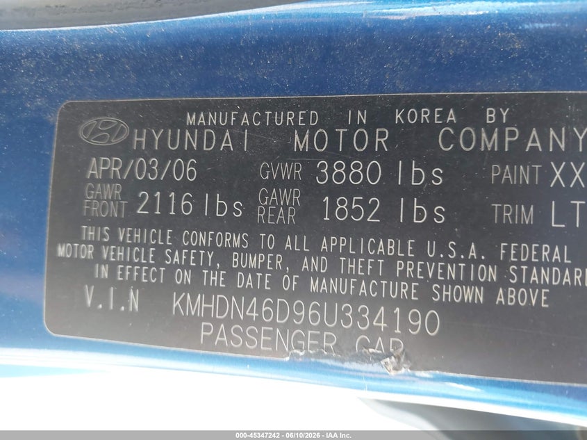 2006 Hyundai Elantra VIN KMHDN46D96U334190 IAAI salvage auction — NORMAL WEAR, Clear (Florida), sold $325 on 2026-07-07 (photo 9)