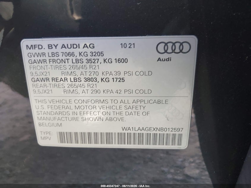2022 Audi E-tron VIN WA1LAAGEXNB012597 IAAI salvage auction — REAR END, Salvage (Georgia), sold $17,200 on 2026-07-19 (photo 9)