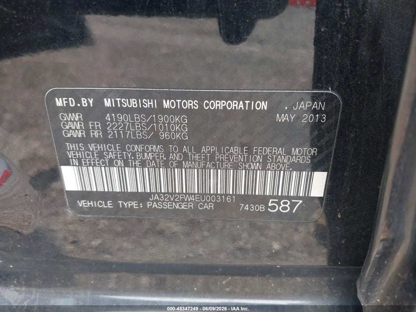 2014 Mitsubishi Lancer VIN JA32V2FW4EU003161 IAAI salvage auction — FRONT END, Salvage Title, sold $300 on 2026-07-08 (photo 9)