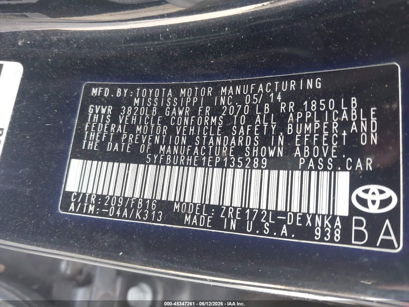 2014 Toyota Corolla VIN 5YFBURHE1EP135289 IAAI salvage auction — LEFT FRONT, Salvage Title, sold $1,800 on 2026-07-26 (photo 9)