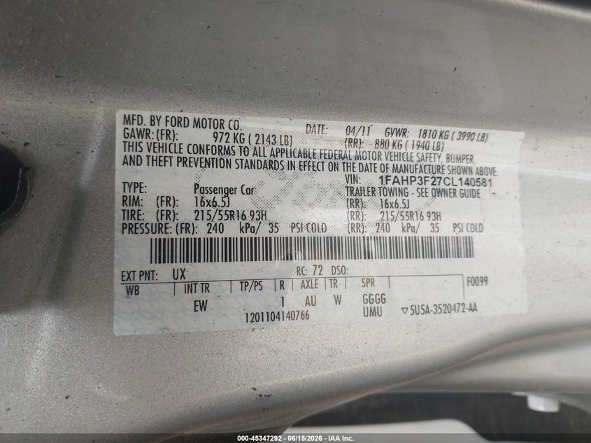 2012 Ford Focus VIN 1FAHP3F27CL140581 IAAI salvage auction — SIDE, Salvage (Texas), sold $700 on 2026-07-09 (photo 9)