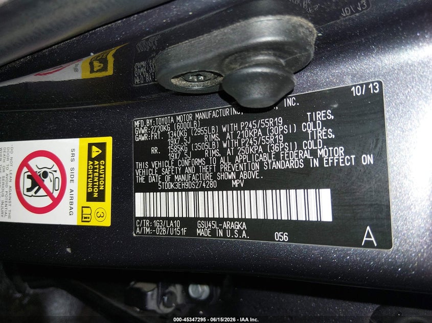 2013 Toyota Highlander VIN 5TDDK3EH9DS274280 IAAI salvage auction — FRONT END, Salvage (Idaho), sold $2,650 on 2026-07-24 (photo 9)