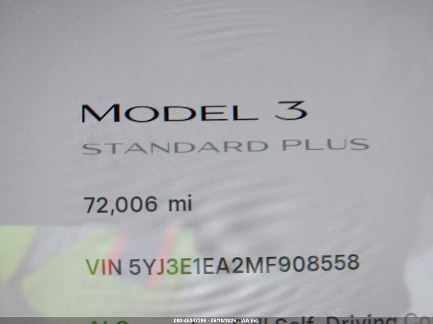 2021 Tesla Model 3 VIN 5YJ3E1EA2MF908558 IAAI salvage auction — FRONT & REAR, Salvage Title, sold $1,650 on 2026-07-17 (photo 7)