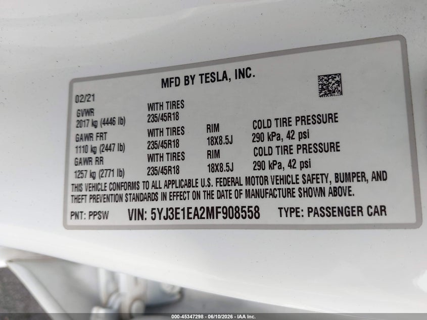 2021 Tesla Model 3 VIN 5YJ3E1EA2MF908558 IAAI salvage auction — FRONT & REAR, Salvage Title, sold $1,650 on 2026-07-17 (photo 9)