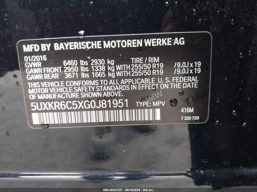2016 BMW X5 VIN 5UXKR6C5XG0J81951 IAAI salvage auction — FRONT END, Salvage (Missouri), sold $4,500 on 2026-07-29 (photo 9)