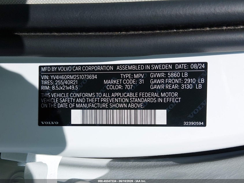 2025 Volvo Xc60 VIN YV4H60RM2S1073694 IAAI salvage auction — FRONT END, Salvage (New Jersey), sold $15,300 on 2026-07-11 (photo 9)
