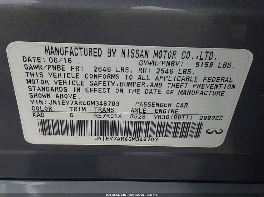 2016 Infiniti Q50 VIN JN1EV7AR4GM346703 IAAI salvage auction — LEFT FRONT, Clear (Delaware), sold $2,000 on 2026-07-06 (photo 9)