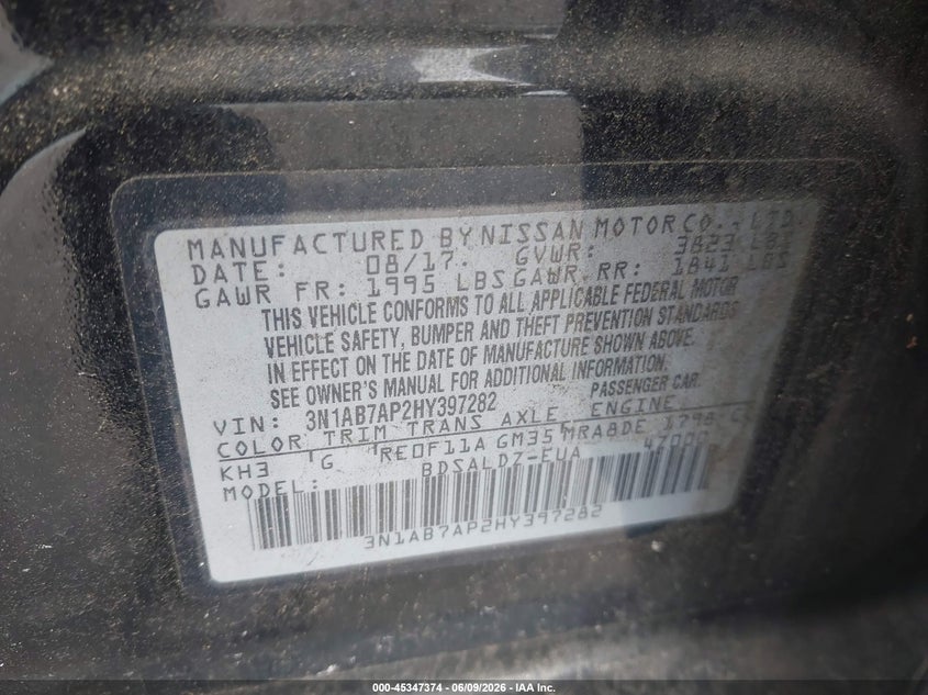 2017 Nissan Sentra VIN 3N1AB7AP2HY397282 IAAI salvage auction — NORMAL WEAR, Salvage Title, sold $500 on 2026-07-22 (photo 9)