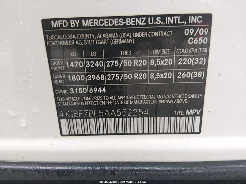 2010 Mercedes-benz Gl-class VIN 4JGBF7BE5AA552254 IAAI salvage auction — NORMAL WEAR, Clear (Alabama), sold $325 on 2026-07-09 (photo 9)