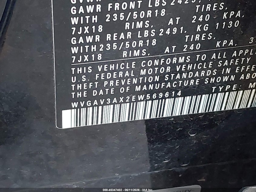 2014 Volkswagen Tiguan VIN WVGAV3AX2EW569614 IAAI salvage auction — WATER/FLOOD, Salvage (Texas), sold $500 on 2026-07-28 (photo 9)