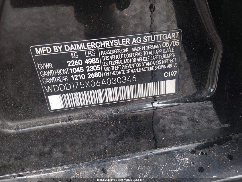 2006 Mercedes-benz Cls-class VIN WDDDJ75X06A030346 IAAI salvage auction — NORMAL WEAR, Clear (Alabama), sold $150 on 2026-07-16 (photo 9)