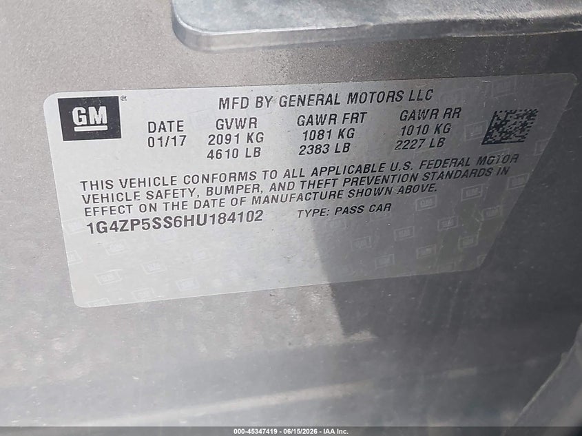 2017 Buick Lacrosse VIN 1G4ZP5SS6HU184102 IAAI salvage auction — FRONT END, Salvage (Indiana), sold $1,650 on 2026-07-20 (photo 9)