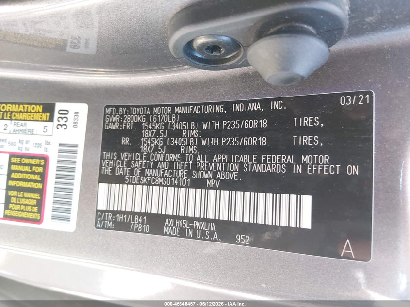 2021 Toyota Sienna VIN 5TDESKFC8MS014101 IAAI salvage auction — REAR END, Salvage (Colorado), sold $14,100 on 2026-07-31 (photo 9)
