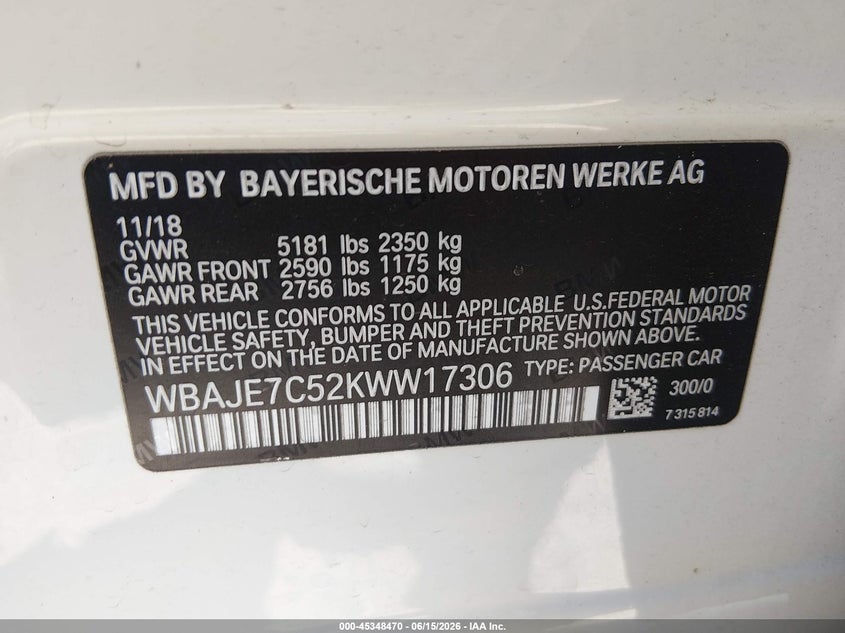 2019 BMW 5er VIN WBAJE7C52KWW17306 IAAI salvage auction — UNDERCARRIAGE, Salvage (North Carolina), sold $13,200 on 2026-07-29 (photo 9)