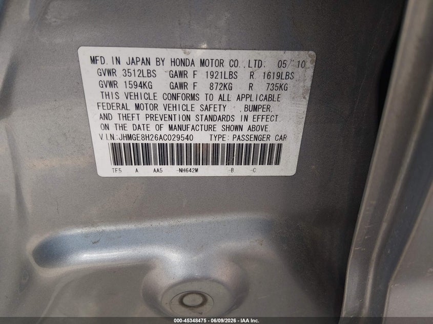2010 Honda Fit VIN JHMGE8H26AC029540 IAAI salvage auction — FRONT END, Salvage (Colorado), sold $750 on 2026-07-28 (photo 9)