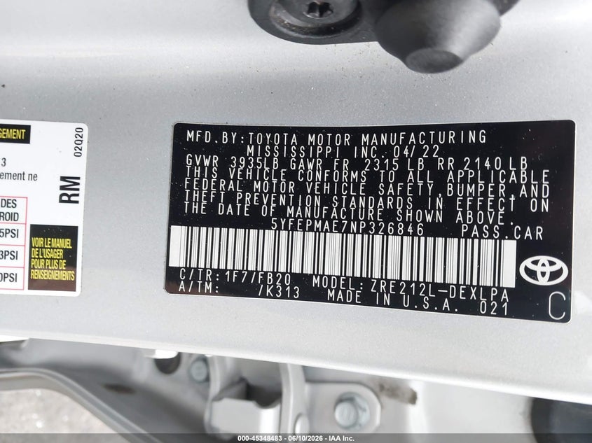 2022 Toyota Corolla VIN 5YFEPMAE7NP326846 IAAI salvage auction — FRONT END, Salvage Title, sold $3,100 on 2026-08-02 (photo 9)
