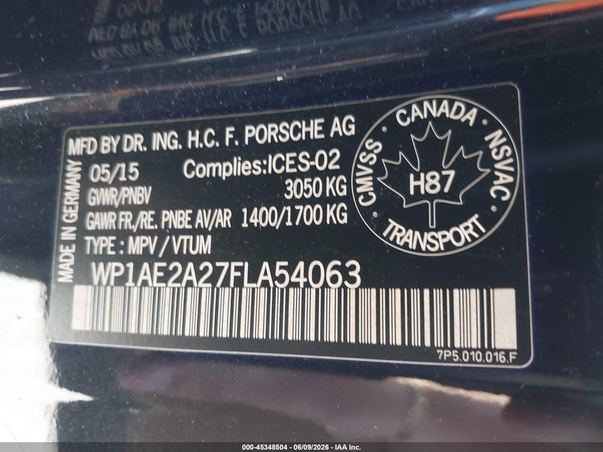 2015 Porsche VIN WP1AE2A27FLA54063 IAAI salvage auction — NORMAL WEAR, Salvage Title, sold $8,000 on 2026-07-09 (photo 9)