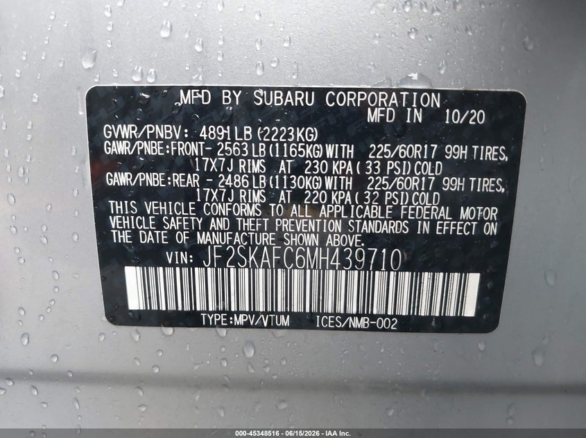 2021 Subaru Forester VIN JF2SKAFC6MH439710 IAAI salvage auction — HAIL, Original (Texas), sold $10,600 on 2026-07-23 (photo 9)