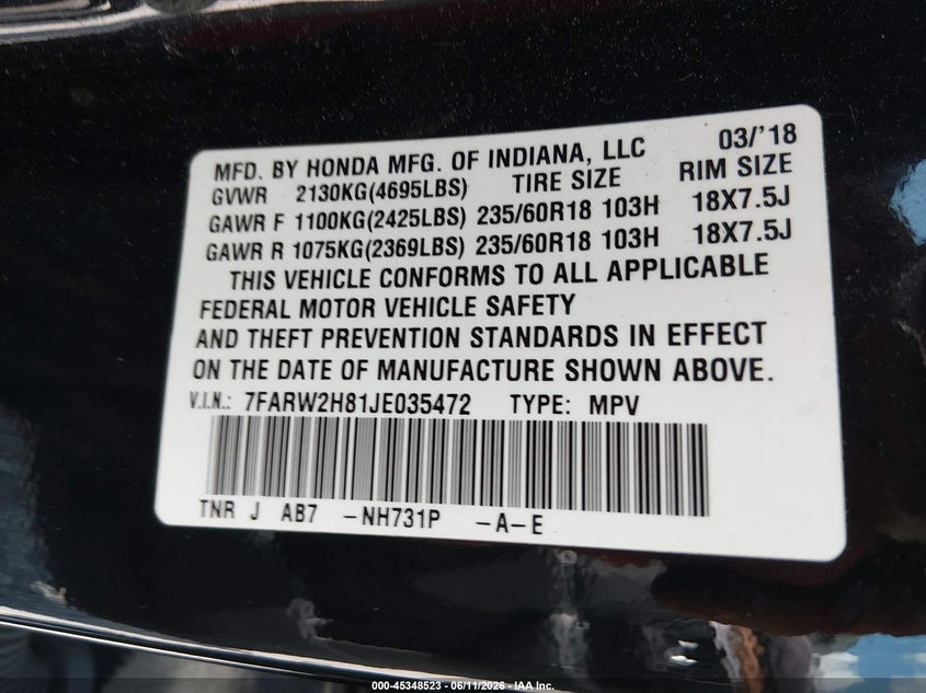2018 Honda Cr-v VIN 7FARW2H81JE035472 IAAI salvage auction — FRONT END, Salvage (Alabama), sold $3,750 on 2026-07-23 (photo 9)