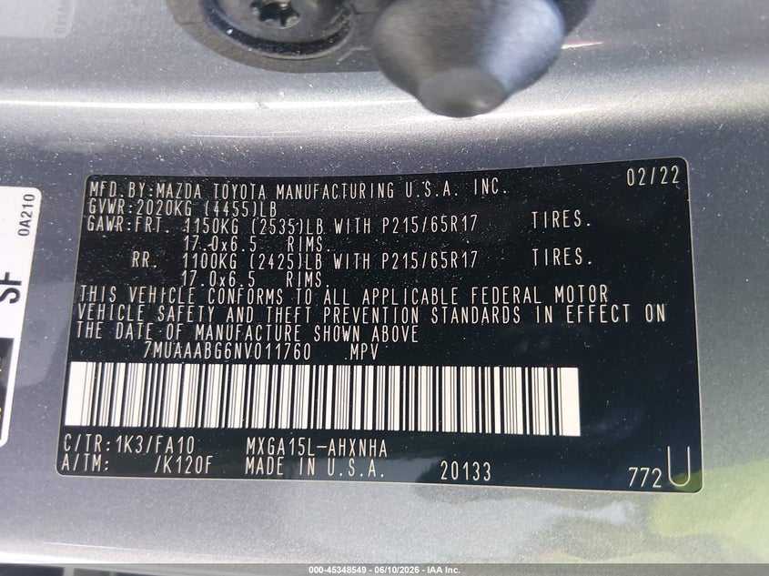 2022 Toyota Corolla cross VIN 7MUAAABG6NV011760 IAAI salvage auction — FRONT END, Salvage Title, sold $4,750 on 2026-07-24 (photo 9)