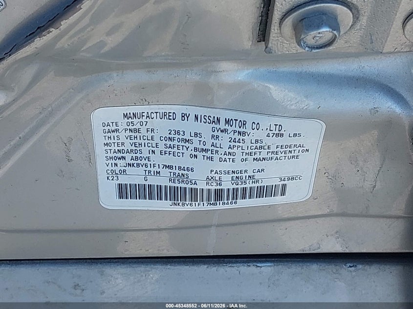 2007 Infiniti G VIN JNKBV61F17M818466 IAAI salvage auction — SIDE, Clear (Indiana), sold $400 on 2026-07-10 (photo 9)