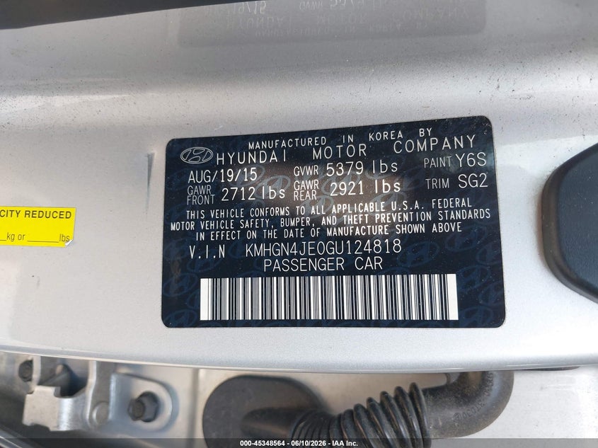 2016 Hyundai Genesis VIN KMHGN4JE0GU124818 IAAI salvage auction — FRONT END, Salvage (Idaho), sold $1,100 on 2026-07-15 (photo 9)