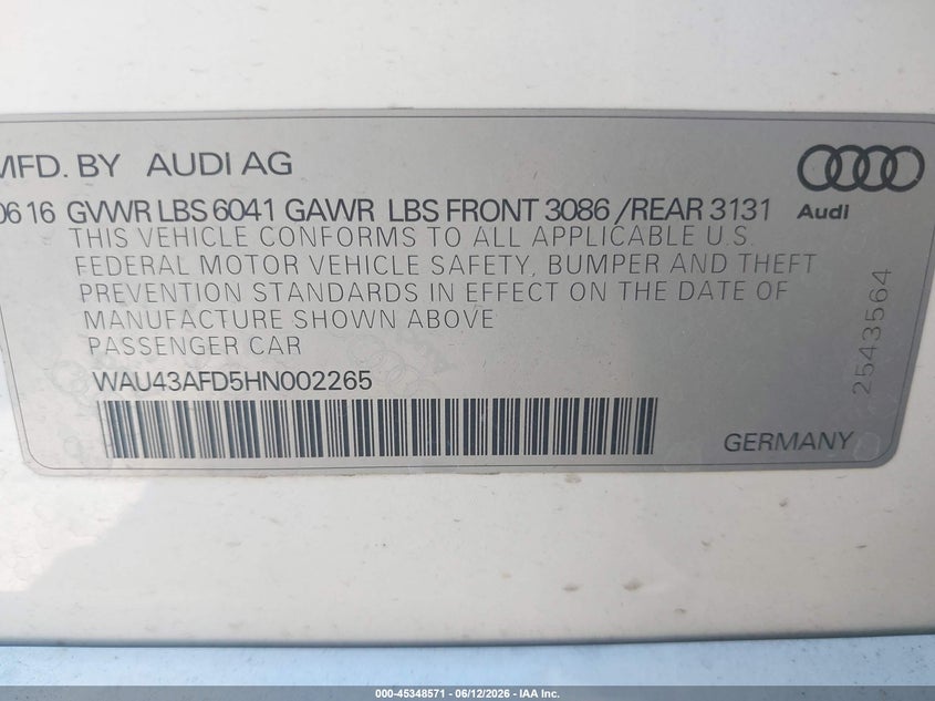 2017 Audi A8 VIN WAU43AFD5HN002265 IAAI salvage auction — FRONT END, Salvage (Missouri), sold $3,500 on 2026-07-15 (photo 9)