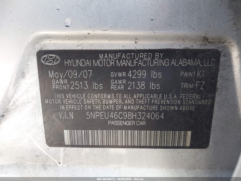 2008 Hyundai Sonata VIN 5NPEU46C98H324064 IAAI salvage auction — NORMAL WEAR, Clear - Dealer Only (California), sold $375 on 2026-07-13 (photo 9)