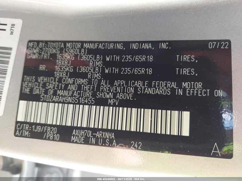 2022 Toyota Highlander VIN 5TDZARAH9NS516455 IAAI salvage auction — WATER/FLOOD, Salvage (Mississippi), sold $11,975 on 2026-07-17 (photo 9)
