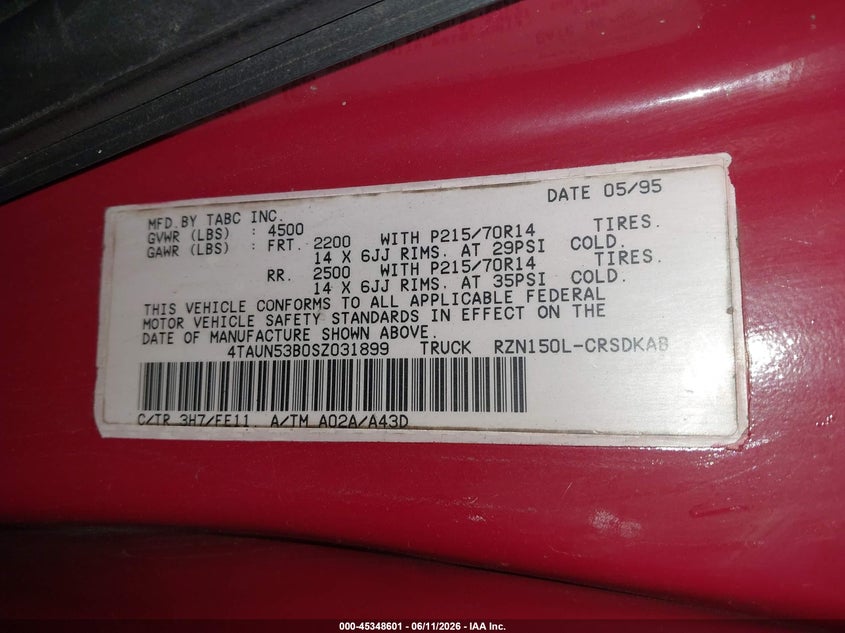 1995 Toyota Tacoma VIN 4TAUN53B0SZ031899 IAAI salvage auction — LEFT FRONT, Salvage (Pennsylvania), sold $1,975 on 2026-07-09 (photo 9)