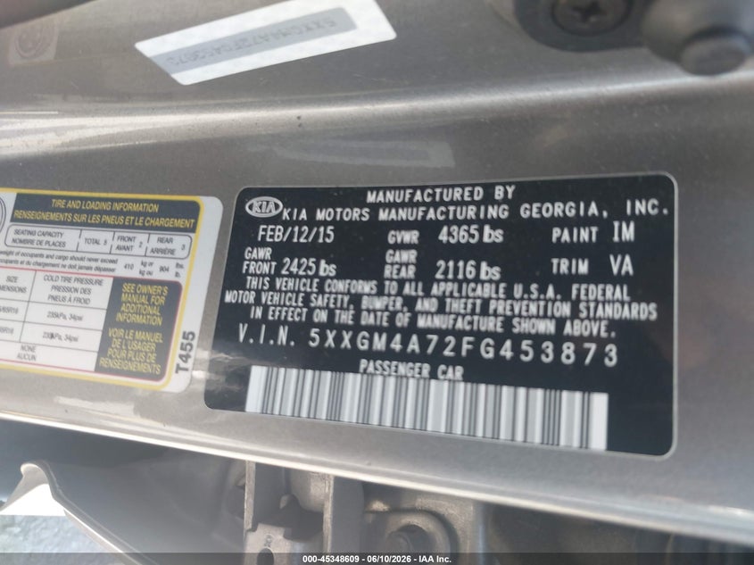 2015 Kia Optima VIN 5XXGM4A72FG453873 IAAI salvage auction — THEFT, Salvage (California), sold $1,500 on 2026-07-14 (photo 9)