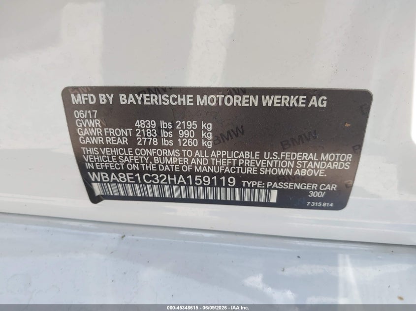 2017 BMW 3er VIN WBA8E1C32HA159119 IAAI salvage auction — REPOSSESSION, Salvage Title, sold $4,150 on 2026-07-10 (photo 9)
