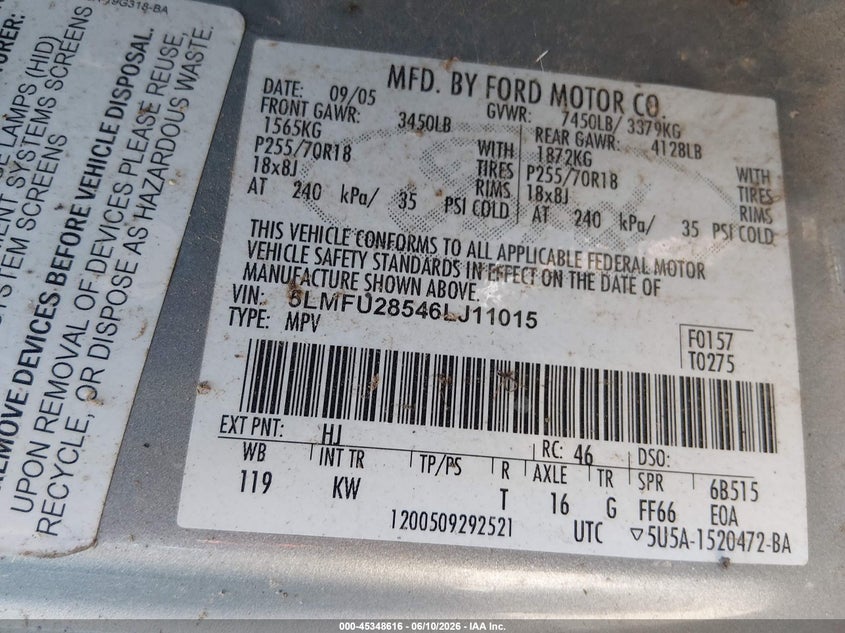 2006 Lincoln Navigator VIN 5LMFU28546LJ11015 IAAI salvage auction — NORMAL WEAR, Clear (Tennessee), sold $625 on 2026-07-09 (photo 9)