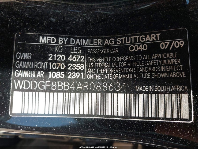 2010 Mercedes-benz C class VIN WDDGF8BB4AR088631 IAAI salvage auction — RIGHT SIDE, Clear (Tennessee), sold $675 on 2026-07-08 (photo 9)