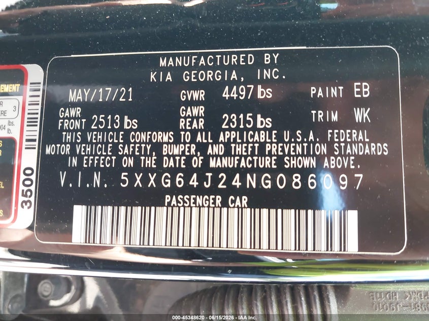 2022 Kia K5 VIN 5XXG64J24NG086097 IAAI salvage auction — FRONT END, Salvage Title, sold $2,950 on 2026-07-26 (photo 9)