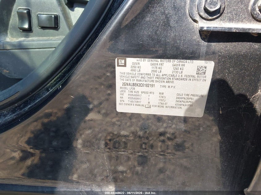 2012 Chevrolet Equinox VIN 2GNALBEK2C6182191 IAAI salvage auction — BIOHAZARD/CHEMICAL, Bill Of Sale (Georgia), sold $400 on 2026-07-23 (photo 9)