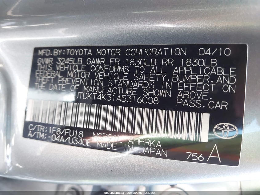 2010 Toyota Yaris VIN JTDKT4K31A5316008 IAAI salvage auction — REAR END, Salvage Certificate (California), sold $900 on 2026-07-17 (photo 9)