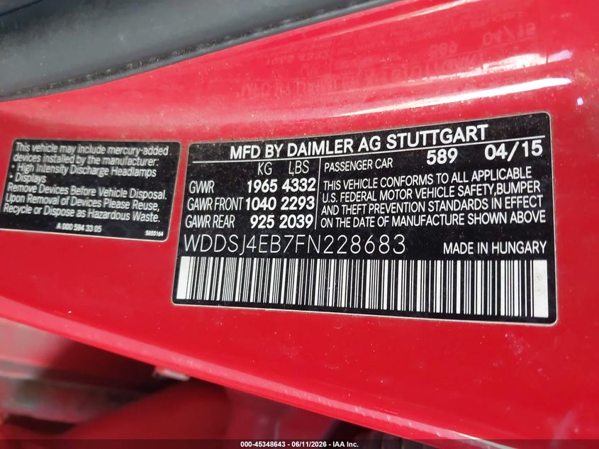 2015 Mercedes-benz Cla-klasse VIN WDDSJ4EB7FN228683 IAAI salvage auction — FRONT END, Salvage (California), sold $4,050 on 2026-07-09 (photo 9)