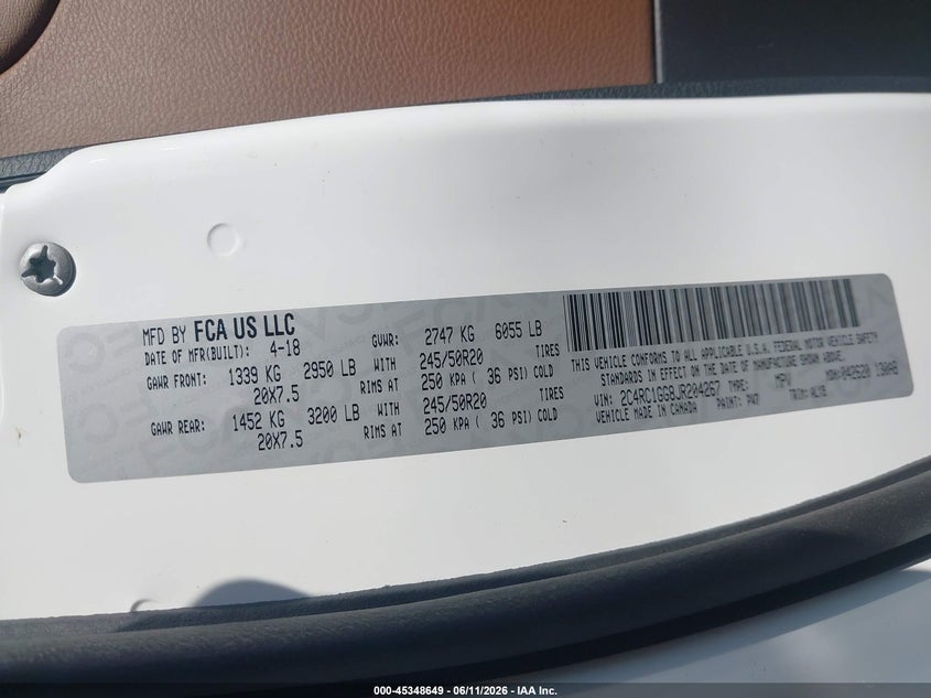 2018 Chrysler Pacifica VIN 2C4RC1GG8JR204267 IAAI salvage auction — FRONT END, Salvage Title, sold $3,700 on 2026-07-23 (photo 9)