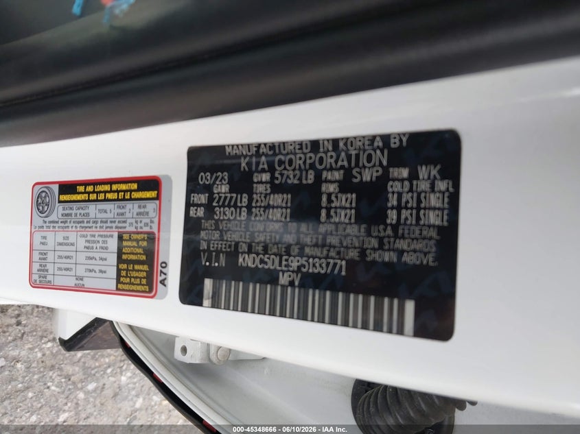 2023 Kia Ev6 VIN KNDC5DLE9P5133771 IAAI salvage auction — LEFT REAR, Wait Title, sold $12,525 on 2026-08-20 (photo 9)