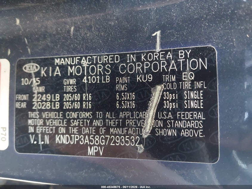 2016 Kia Soul VIN KNDJP3A58G7293532 IAAI salvage auction — FRONT END, Salvage (North Carolina), sold $25 on 2026-07-20 (photo 9)