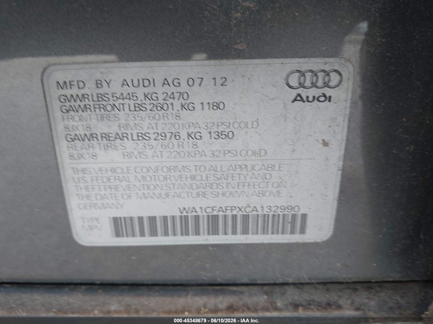 2012 Audi Q5 VIN WA1CFAFPXCA132990 IAAI salvage auction — NORMAL WEAR, Original (Texas), sold $750 on 2026-07-11 (photo 9)