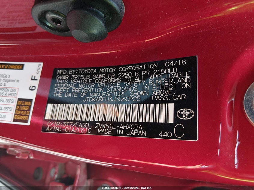 2018 Toyota Prius VIN JTDKARFU3J3060925 IAAI salvage auction — FRONT END, Clear (Indiana), sold $4,825 on 2026-07-29 (photo 9)