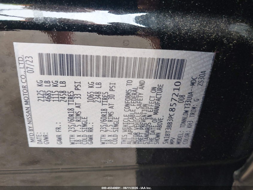 2023 Nissan Rogue VIN 5N1BT3BB3PC857210 IAAI salvage auction — FRONT END, Salvage Title, sold $6,200 on 2026-07-24 (photo 9)