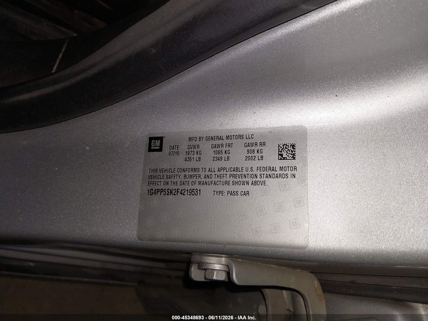 2015 Buick Verano VIN 1G4PP5SK2F4219531 IAAI salvage auction — ROLLOVER, Salvage (Pennsylvania), sold $300 on 2026-07-09 (photo 9)