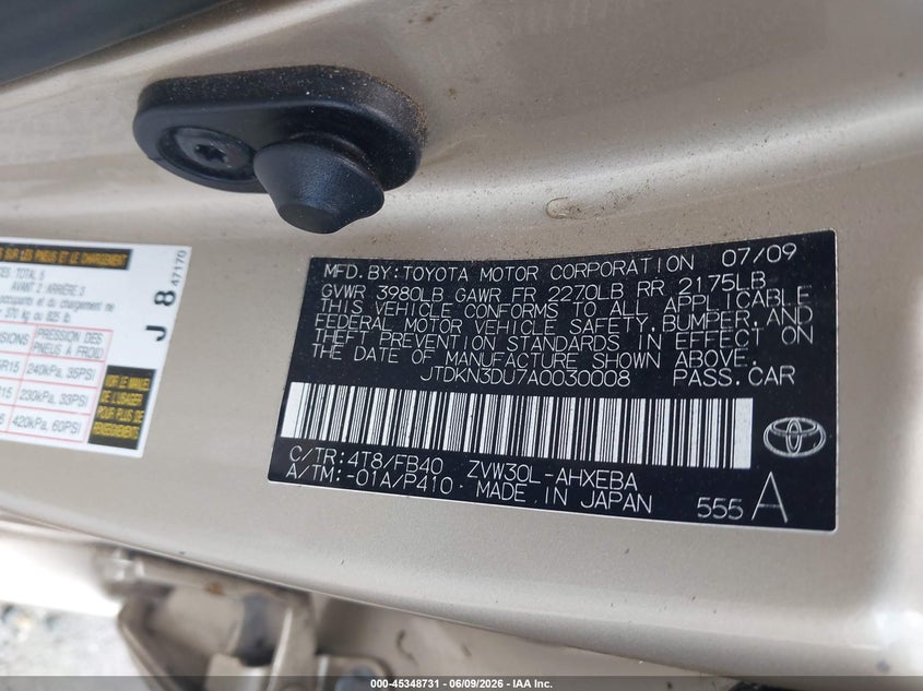 2010 Toyota Prius VIN JTDKN3DU7A0030008 IAAI salvage auction — NORMAL WEAR, Clear (Georgia), sold $825 on 2026-07-21 (photo 9)
