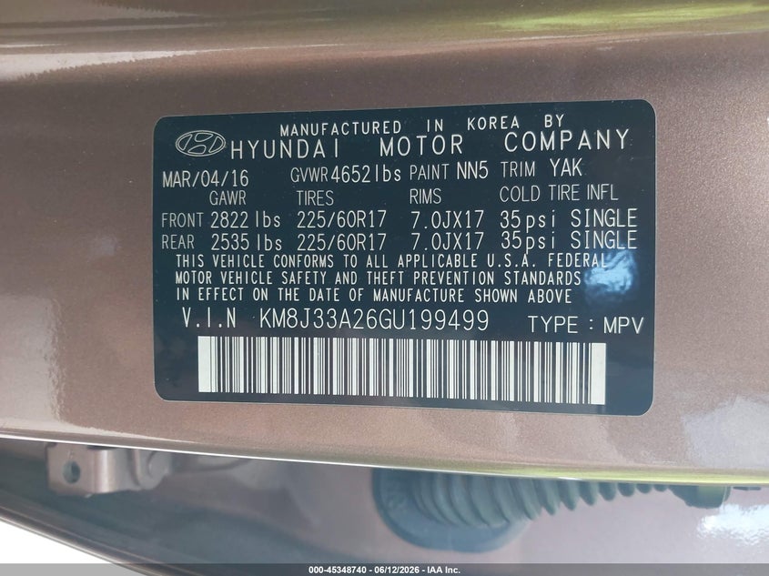 2016 Hyundai Tucson VIN KM8J33A26GU199499 IAAI salvage auction — RIGHT SIDE, Original (Texas), sold $1,650 on 2026-07-28 (photo 9)