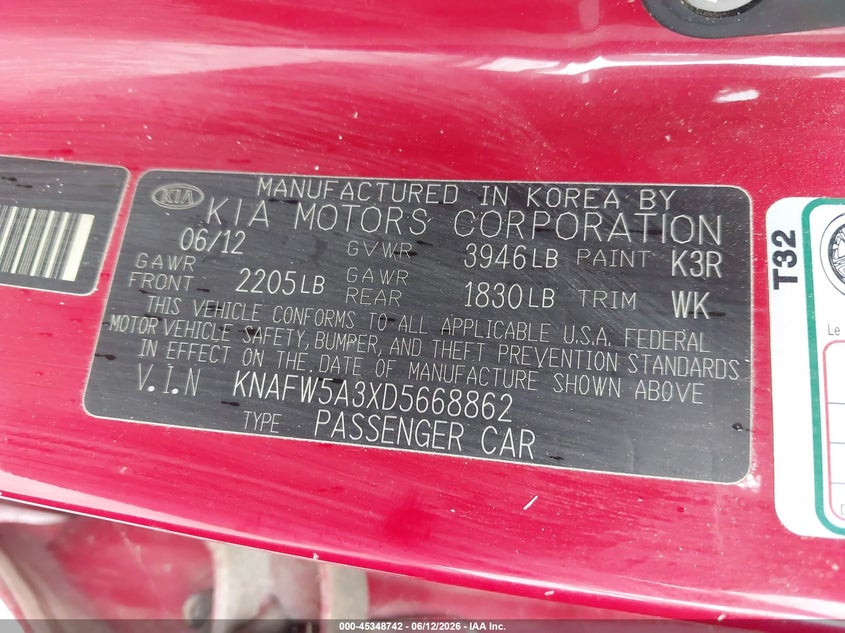 2013 Kia Forte VIN KNAFW5A3XD5668862 IAAI salvage auction — NORMAL WEAR, Original (Texas), sold $175 on 2026-07-29 (photo 9)
